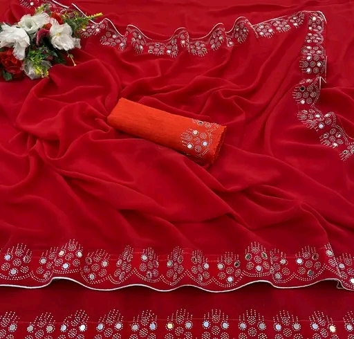 Women Red Georgette Full Ston Work Saree 