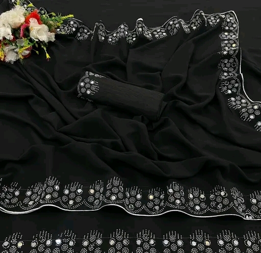 Women Black Georgette full stone work saree 